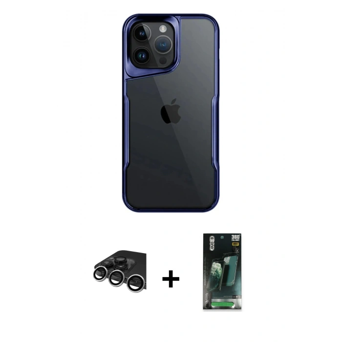 MARSİLYAN™- iPhone 14 Pro Max Kılıf Akış Çizgi Koleksiyonu - Siyah 360 Mat Full Body Arka Koruyucu + Raze Metal Kamera Lens - GS