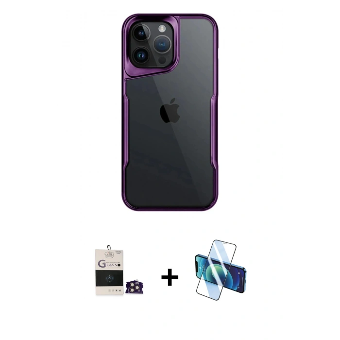 MARSİLYAN™- iPhone 14 Pro Max Kılıf Akış Çizgi Koleksiyonu - Siyah 3D Antistatik Cam Ekran Koruyucu + Bilvis Titan Kamera Lens - GD