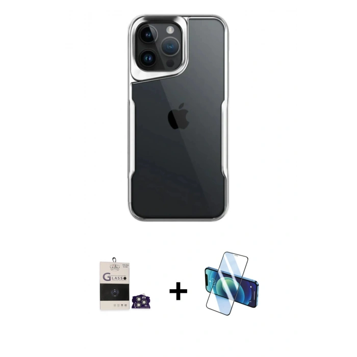 MARSİLYAN™- iPhone 14 Pro Max Kılıf Akış Çizgi Koleksiyonu - Siyah 3D Antistatik Cam Ekran Koruyucu + Bilvis Titan Kamera Lens - GS