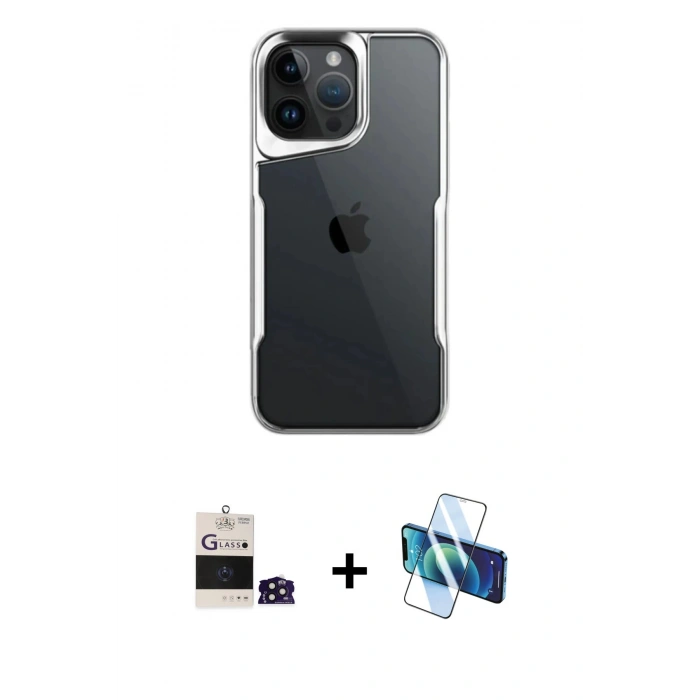 MARSİLYAN™- iPhone 14 Pro Max Kılıf Akış Çizgi Koleksiyonu - Siyah 3D Antistatik Cam Ekran Koruyucu + Bilvis Titan Kamera Lens - DNMR