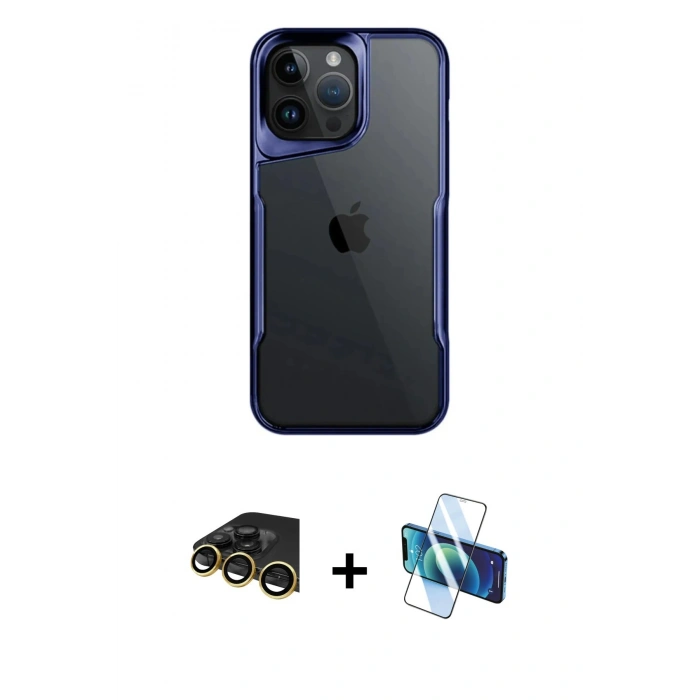 MARSİLYAN™- iPhone 14 Pro Max Kılıf Akış Çizgi Koleksiyonu - Siyah 3D Antistatik Cam Ekran Koruyucu + Raze Metal Kamera Lens - GD