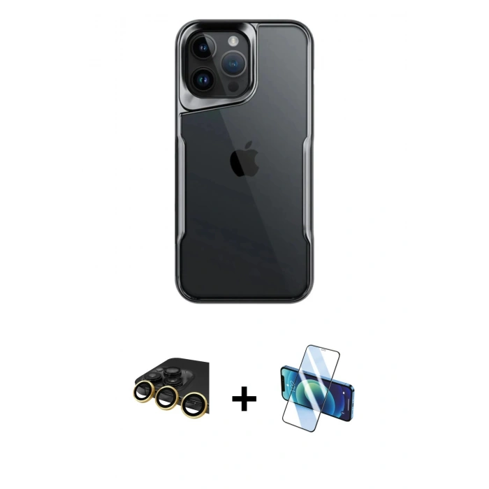 MARSİLYAN™- iPhone 14 Pro Max Kılıf Akış Çizgi Koleksiyonu - Siyah 3D Antistatik Cam Ekran Koruyucu + Raze Metal Kamera Lens - GD
