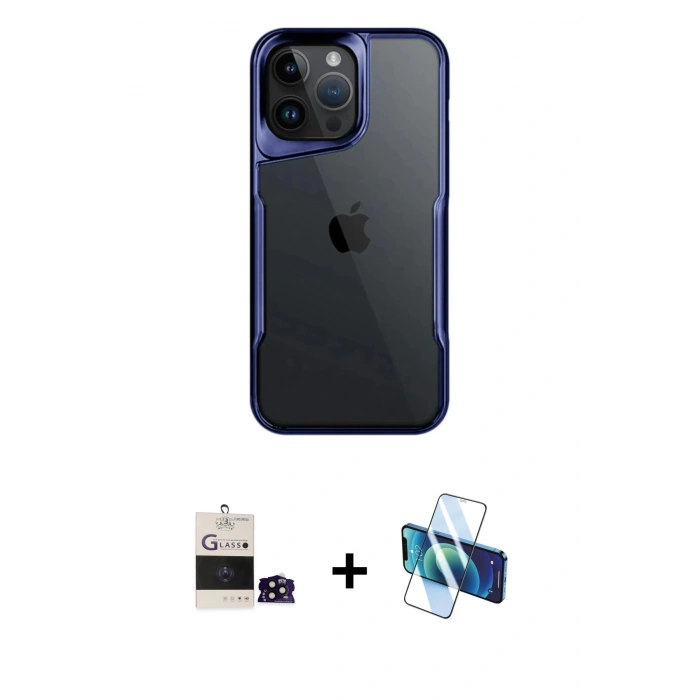 MARSİLYAN™- iPhone 14 Pro Max Kılıf Akış Çizgi Koleksiyonu - Siyah 3D Antistatik Cam Ekran Koruyucu + Bilvis Titan Kamera Lens - SH