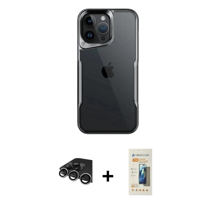 MARSİLYAN™- iPhone 14 Pro Max Kılıf Akış Çizgi Koleksiyonu - Siyah 6D Mat Seramik Hayalet Nano Ekran Koruyucu + Raze Metal Kamera Lens - GS