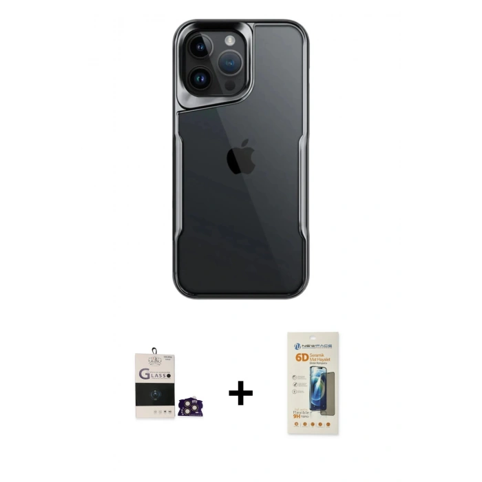 MARSİLYAN™- iPhone 14 Pro Max Kılıf Akış Çizgi Koleksiyonu - Siyah 6D Mat Seramik Hayalet Nano Ekran Koruyucu + Bilvis Titan Kamera Lens - GD
