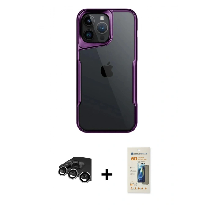 MARSİLYAN™- iPhone 14 Pro Max Kılıf Akış Çizgi Koleksiyonu - Siyah 6D Mat Seramik Hayalet Nano Ekran Koruyucu + Raze Metal Kamera Lens - GS