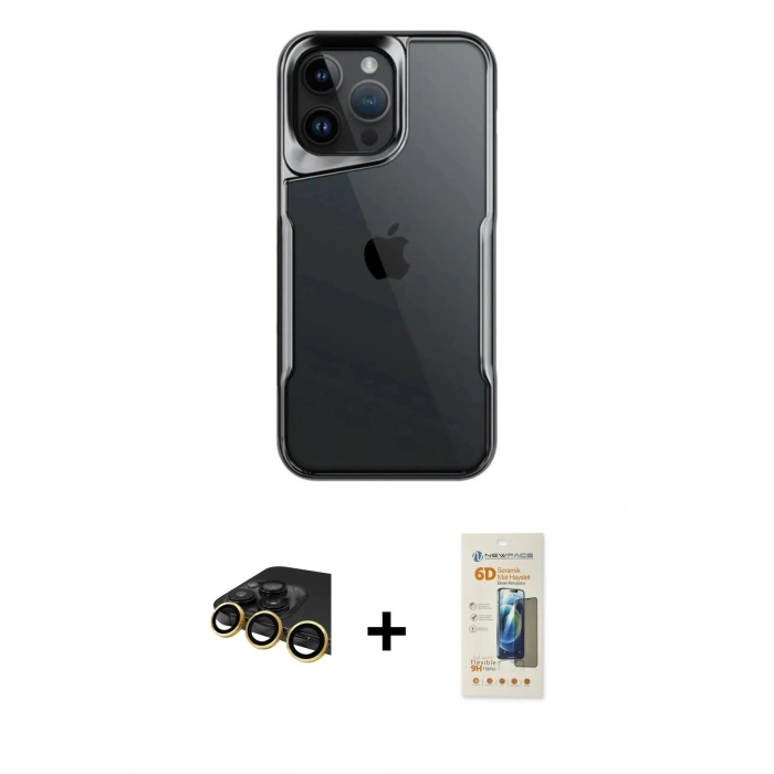 MARSİLYAN™- iPhone 14 Pro Max Kılıf Akış Çizgi Koleksiyonu - Siyah 6D Mat Seramik Hayalet Nano Ekran Koruyucu + Raze Metal Kamera Lens - GD