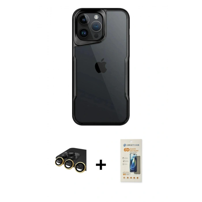MARSİLYAN™- iPhone 14 Pro Max Kılıf Akış Çizgi Koleksiyonu - Siyah 6D Mat Seramik Hayalet Nano Ekran Koruyucu + Raze Metal Kamera Lens - GD