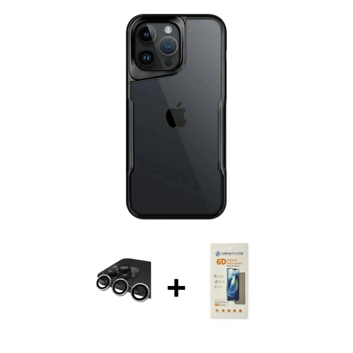 MARSİLYAN™- iPhone 14 Pro Max Kılıf Akış Çizgi Koleksiyonu - Siyah 6D Mat Seramik Hayalet Nano Ekran Koruyucu + Raze Metal Kamera Lens - GS
