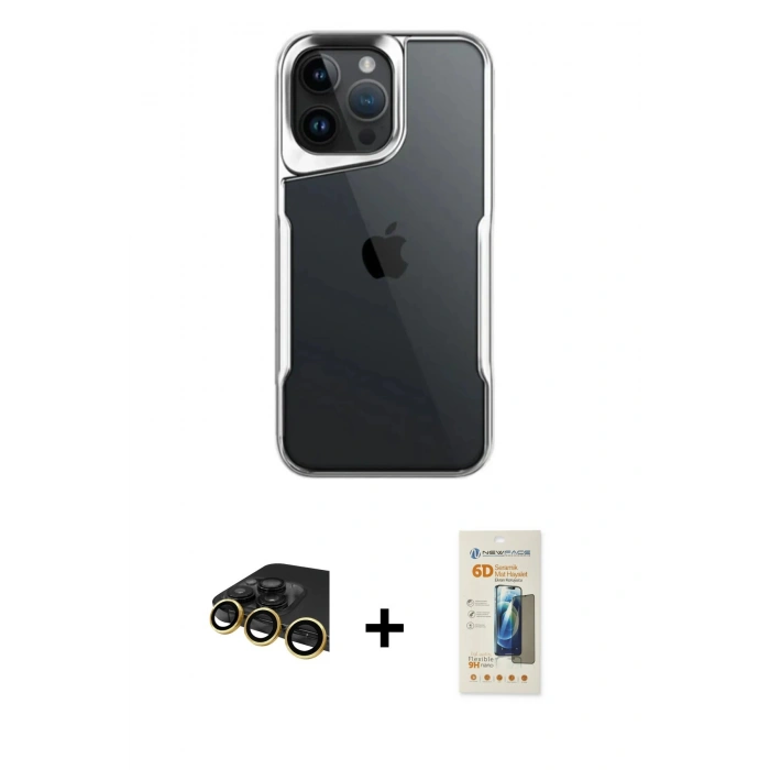 MARSİLYAN™- iPhone 14 Pro Max Kılıf Akış Çizgi Koleksiyonu - Siyah 6D Mat Seramik Hayalet Nano Ekran Koruyucu + Raze Metal Kamera Lens - GD
