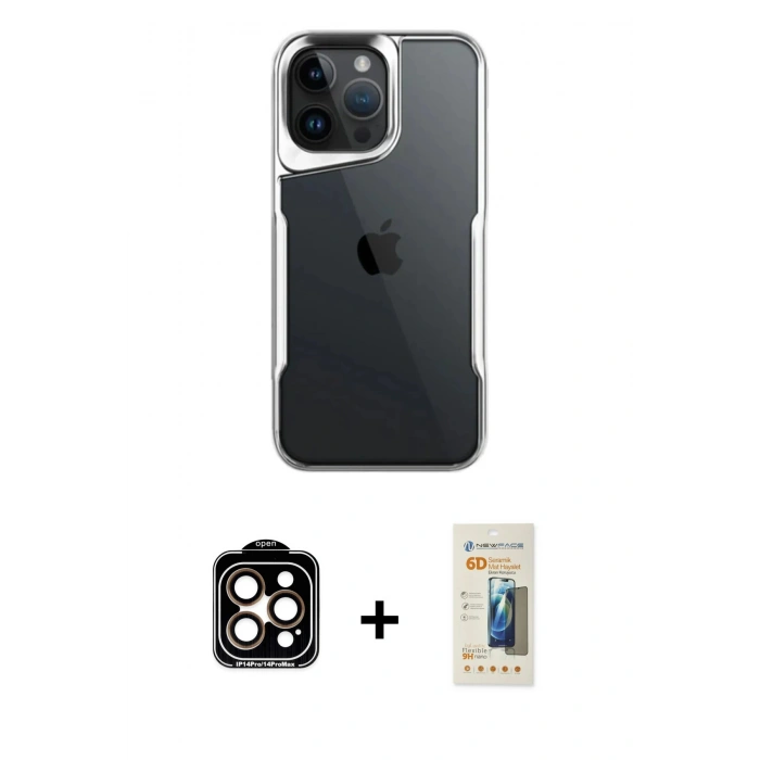 MARSİLYAN™- iPhone 14 Pro Max Kılıf Akış Çizgi Koleksiyonu - Siyah 6D Mat Seramik Hayalet Nano Ekran Koruyucu + PVD Metal Kamera Lens - TU