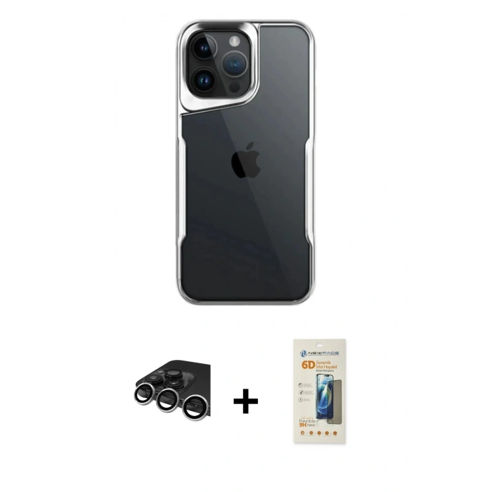 MARSİLYAN™- iPhone 14 Pro Max Kılıf Akış Çizgi Koleksiyonu - Siyah 6D Mat Seramik Hayalet Nano Ekran Koruyucu + Raze Metal Kamera Lens - GS