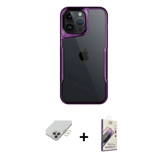 MARSİLYAN™- iPhone 14 Pro Max Kılıf Akış Çizgi Koleksiyonu - Siyah Bilvis 3D Mat Cam Ekran Koruyucu + Band Metal Kamera Lens - GD