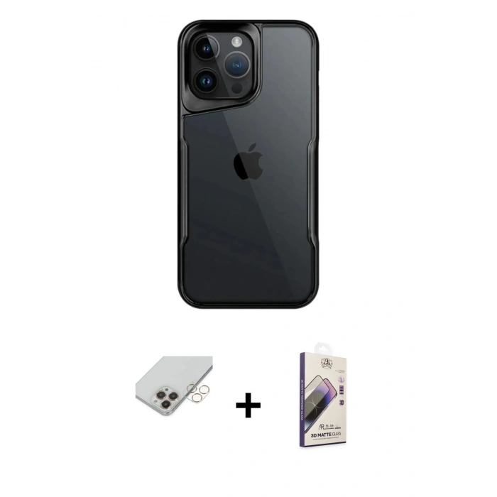 MARSİLYAN™- iPhone 14 Pro Max Kılıf Akış Çizgi Koleksiyonu - Siyah Bilvis 3D Mat Cam Ekran Koruyucu + Band Metal Kamera Lens - GD