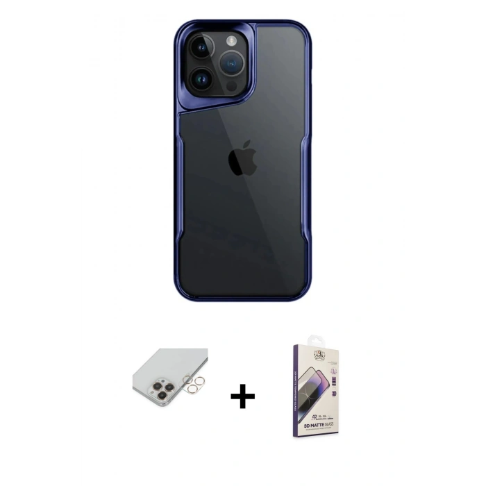 MARSİLYAN™- iPhone 14 Pro Max Kılıf Akış Çizgi Koleksiyonu - Siyah Bilvis 3D Mat Cam Ekran Koruyucu + Band Metal Kamera Lens - GD