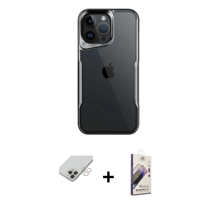 MARSİLYAN™- iPhone 14 Pro Max Kılıf Akış Çizgi Koleksiyonu - Siyah Bilvis 3D Mat Cam Ekran Koruyucu + Band Metal Kamera Lens - GD