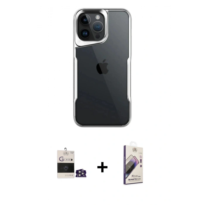 MARSİLYAN™- iPhone 14 Pro Max Kılıf Akış Çizgi Koleksiyonu - Siyah Bilvis 3D Mat Cam Ekran Koruyucu + Bilvis Titan Kamera Lens - GS