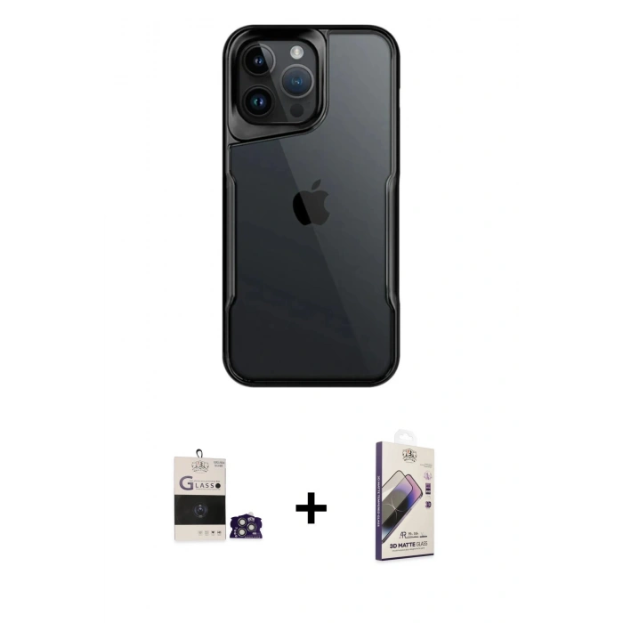 MARSİLYAN™- iPhone 14 Pro Max Kılıf Akış Çizgi Koleksiyonu - Siyah Bilvis 3D Mat Cam Ekran Koruyucu + Bilvis Titan Kamera Lens - GS