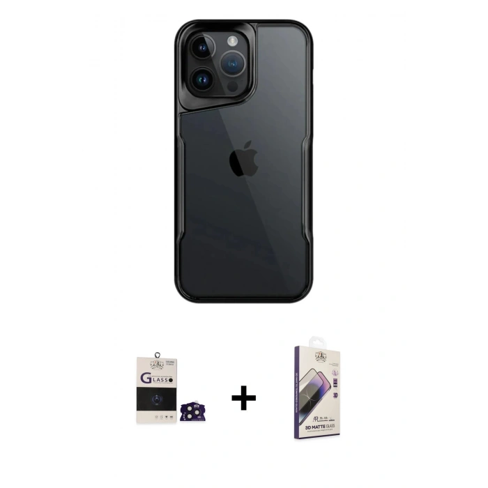 MARSİLYAN™- iPhone 14 Pro Max Kılıf Akış Çizgi Koleksiyonu - Siyah Bilvis 3D Mat Cam Ekran Koruyucu + Bilvis Titan Kamera Lens - DNMR