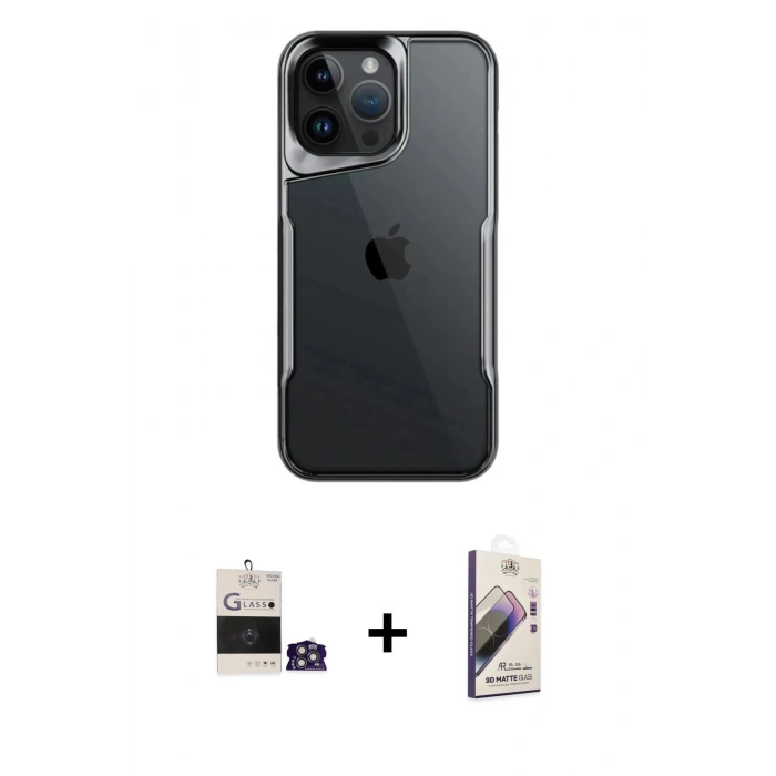 MARSİLYAN™- iPhone 14 Pro Max Kılıf Akış Çizgi Koleksiyonu - Siyah Bilvis 3D Mat Cam Ekran Koruyucu + Bilvis Titan Kamera Lens - GS