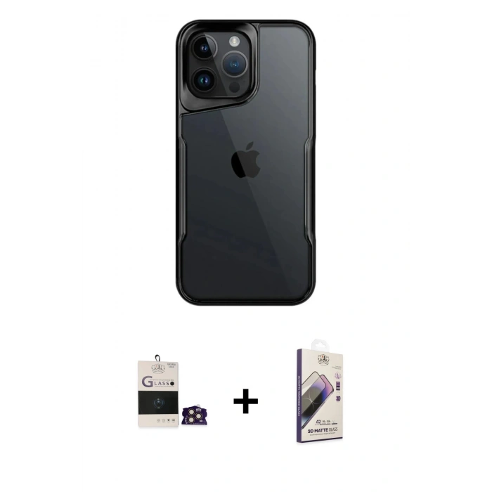 MARSİLYAN™- iPhone 14 Pro Max Kılıf Akış Çizgi Koleksiyonu - Siyah Bilvis 3D Mat Cam Ekran Koruyucu + Bilvis Titan Kamera Lens - GD