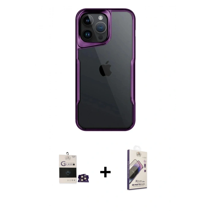 MARSİLYAN™- iPhone 14 Pro Max Kılıf Akış Çizgi Koleksiyonu - Siyah Bilvis 3D Mat Cam Ekran Koruyucu + Bilvis Titan Kamera Lens - GD