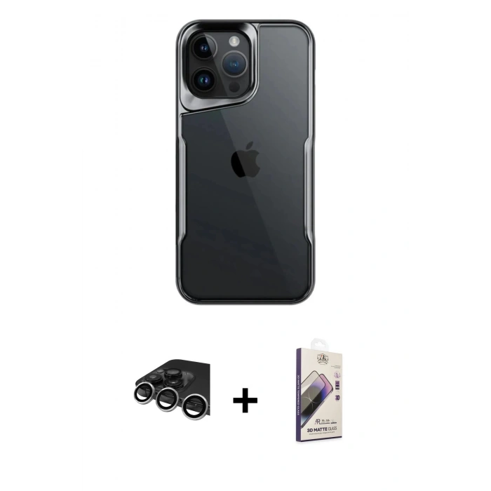 MARSİLYAN™- iPhone 14 Pro Max Kılıf Akış Çizgi Koleksiyonu - Siyah Bilvis 3D Mat Cam Ekran Koruyucu + Gümüş Raze Metal Kamera Lens