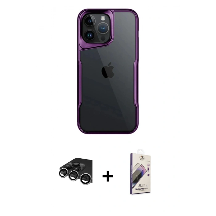 MARSİLYAN™- iPhone 14 Pro Max Kılıf Akış Çizgi Koleksiyonu - Siyah Bilvis 3D Mat Cam Ekran Koruyucu + Gümüş Raze Metal Kamera Lens