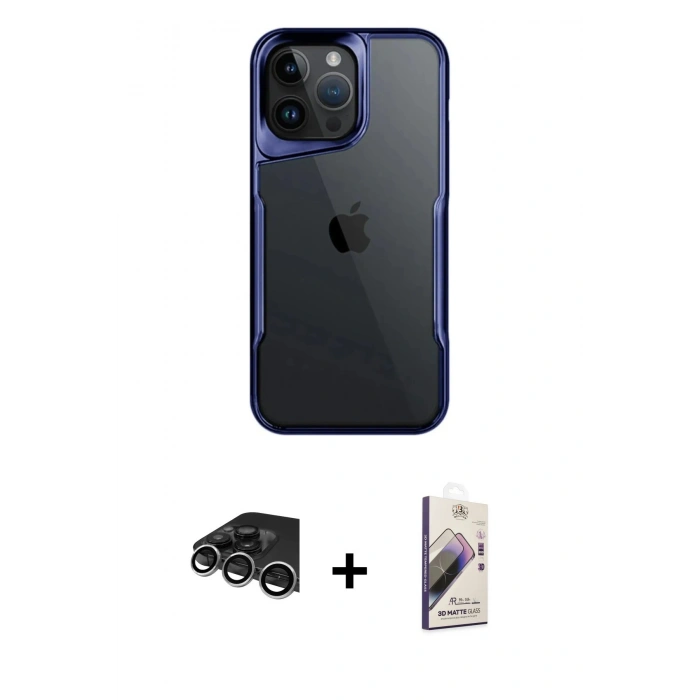 MARSİLYAN™- iPhone 14 Pro Max Kılıf Akış Çizgi Koleksiyonu - Siyah Bilvis 3D Mat Cam Ekran Koruyucu + Gümüş Raze Metal Kamera Lens