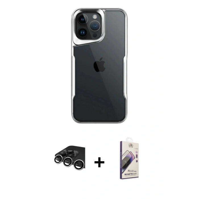 MARSİLYAN™- iPhone 14 Pro Max Kılıf Akış Çizgi Koleksiyonu - Siyah Bilvis 3D Mat Cam Ekran Koruyucu + Gümüş Raze Metal Kamera Lens