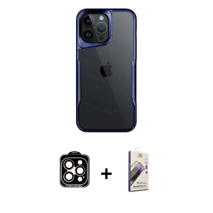 MARSİLYAN™- iPhone 14 Pro Max Kılıf Akış Çizgi Koleksiyonu - Siyah Bilvis 3D Mat Cam Ekran Koruyucu + PVD Metal Kamera Lens - TU