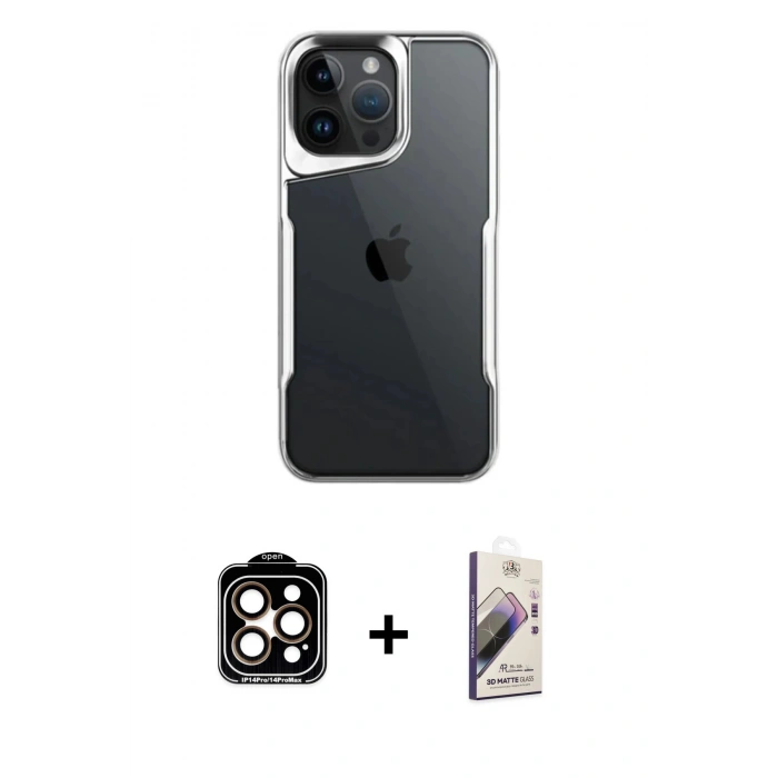 MARSİLYAN™- iPhone 14 Pro Max Kılıf Akış Çizgi Koleksiyonu - Siyah Bilvis 3D Mat Cam Ekran Koruyucu + PVD Metal Kamera Lens - TU