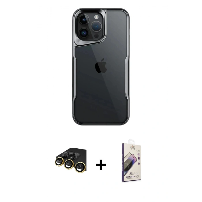 MARSİLYAN™- iPhone 14 Pro Max Kılıf Akış Çizgi Koleksiyonu - Siyah Bilvis 3D Mat Cam Ekran Koruyucu + Raze Metal Kamera Lens - GD