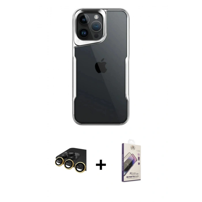 MARSİLYAN™- iPhone 14 Pro Max Kılıf Akış Çizgi Koleksiyonu - Siyah Bilvis 3D Mat Cam Ekran Koruyucu + Raze Metal Kamera Lens - GD