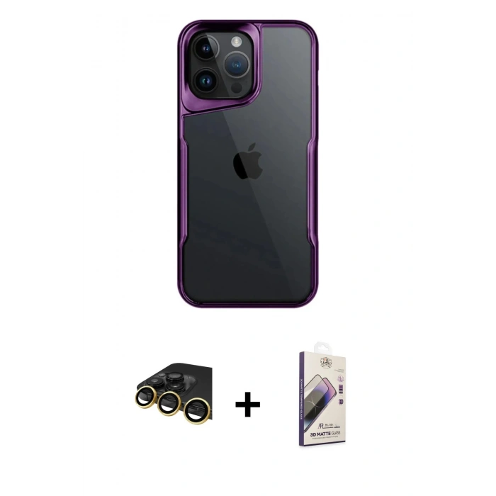 MARSİLYAN™- iPhone 14 Pro Max Kılıf Akış Çizgi Koleksiyonu - Siyah Bilvis 3D Mat Cam Ekran Koruyucu + Raze Metal Kamera Lens - GD