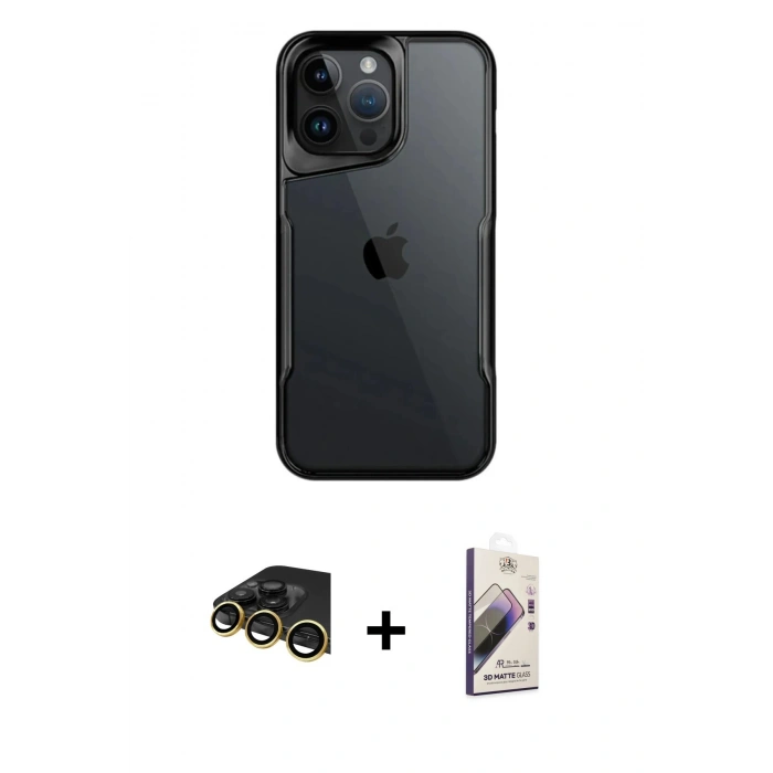 MARSİLYAN™- iPhone 14 Pro Max Kılıf Akış Çizgi Koleksiyonu - Siyah Bilvis 3D Mat Cam Ekran Koruyucu + Raze Metal Kamera Lens - GD
