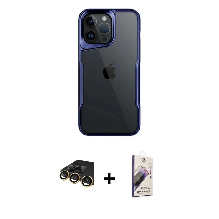 MARSİLYAN™- iPhone 14 Pro Max Kılıf Akış Çizgi Koleksiyonu - Siyah Bilvis 3D Mat Cam Ekran Koruyucu + Raze Metal Kamera Lens - GD