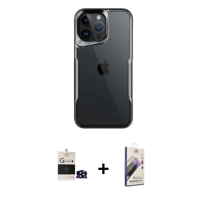 MARSİLYAN™- iPhone 14 Pro Max Kılıf Akış Çizgi Koleksiyonu - Siyah Bilvis 3D Mat Cam Ekran Koruyucu + Siyah Bilvis Titan Kamera Lens