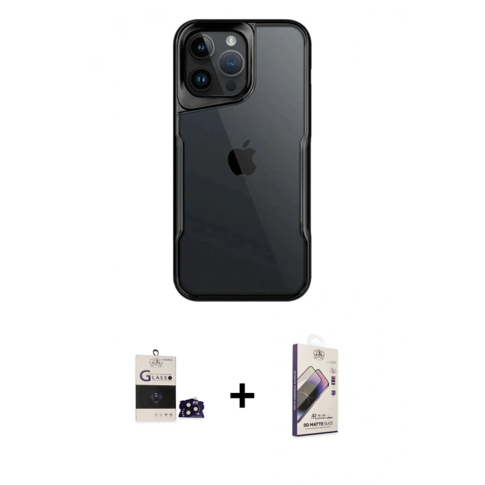 MARSİLYAN™- iPhone 14 Pro Max Kılıf Akış Çizgi Koleksiyonu - Siyah Bilvis 3D Mat Cam Ekran Koruyucu + Siyah Bilvis Titan Kamera Lens