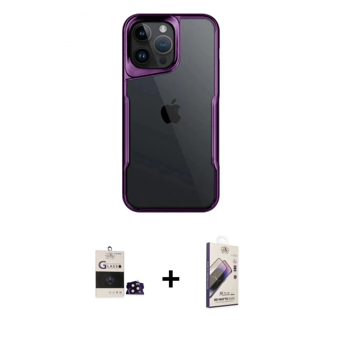 MARSİLYAN™- iPhone 14 Pro Max Kılıf Akış Çizgi Koleksiyonu - Siyah Bilvis 3D Mat Cam Ekran Koruyucu + Siyah Bilvis Titan Kamera Lens