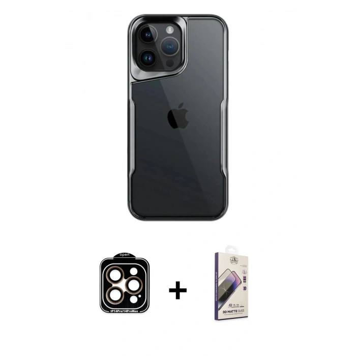MARSİLYAN™- iPhone 14 Pro Max Kılıf Akış Çizgi Koleksiyonu - Siyah Bilvis 3D Mat Cam Ekran Koruyucu + Turuncu PVD Metal Kamera Lens