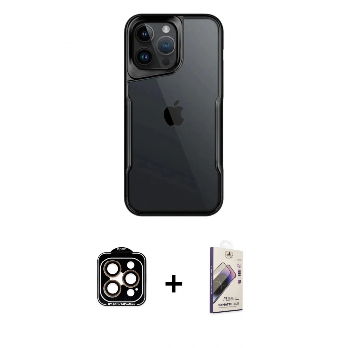 MARSİLYAN™- iPhone 14 Pro Max Kılıf Akış Çizgi Koleksiyonu - Siyah Bilvis 3D Mat Cam Ekran Koruyucu + Turuncu PVD Metal Kamera Lens