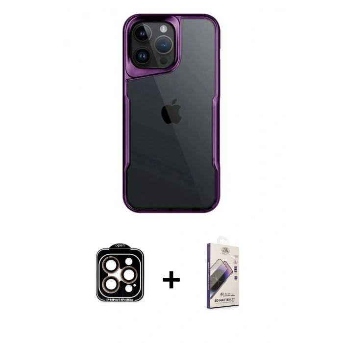 MARSİLYAN™- iPhone 14 Pro Max Kılıf Akış Çizgi Koleksiyonu - Siyah Bilvis 3D Mat Cam Ekran Koruyucu + Turuncu PVD Metal Kamera Lens