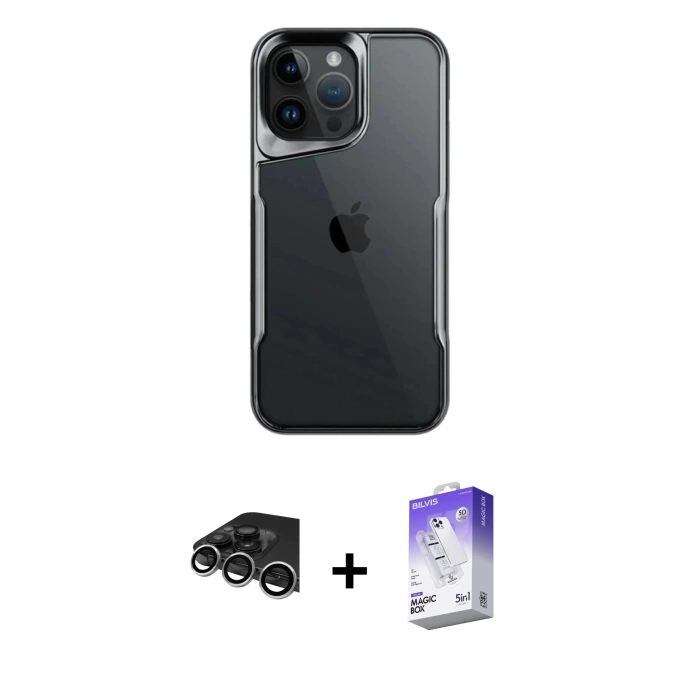 MARSİLYAN™- iPhone 14 Pro Max Kılıf Akış Çizgi Koleksiyonu - Siyah Bilvis 5in1 3D Magic Cam Ekran Koruyucu + Raze Metal Kamera Lens - GS