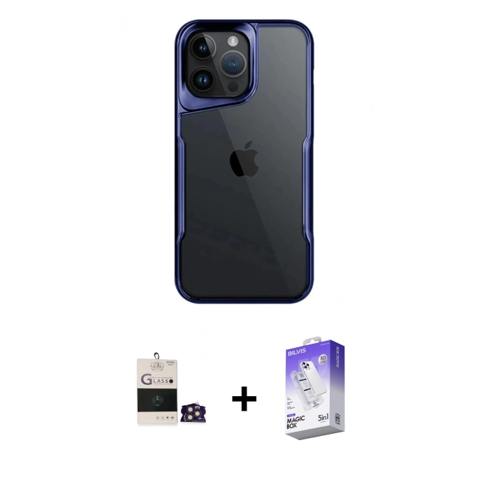 MARSİLYAN™- iPhone 14 Pro Max Kılıf Akış Çizgi Koleksiyonu - Siyah Bilvis 5in1 3D Magic Cam Ekran Koruyucu + Bilvis Titan Kamera Lens - GD