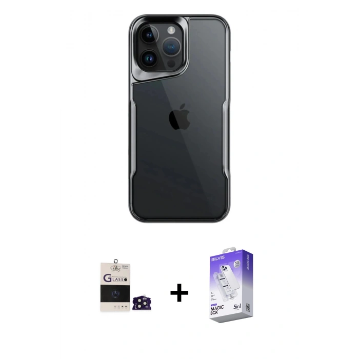 MARSİLYAN™- iPhone 14 Pro Max Kılıf Akış Çizgi Koleksiyonu - Siyah Bilvis 5in1 3D Magic Cam Ekran Koruyucu + Bilvis Titan Kamera Lens - DNMR