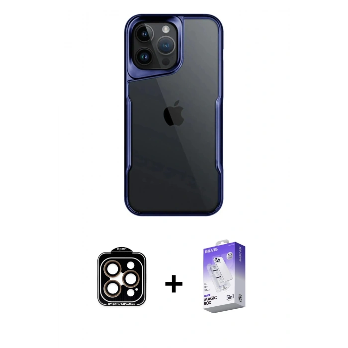MARSİLYAN™- iPhone 14 Pro Max Kılıf Akış Çizgi Koleksiyonu - Siyah Bilvis 5in1 3D Magic Cam Ekran Koruyucu + Turuncu PVD Metal Kamera Lens