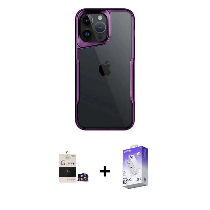 MARSİLYAN™- iPhone 14 Pro Max Kılıf Akış Çizgi Koleksiyonu - Siyah Bilvis 5in1 3D Magic Cam Ekran Koruyucu + Bilvis Titan Kamera Lens - GD