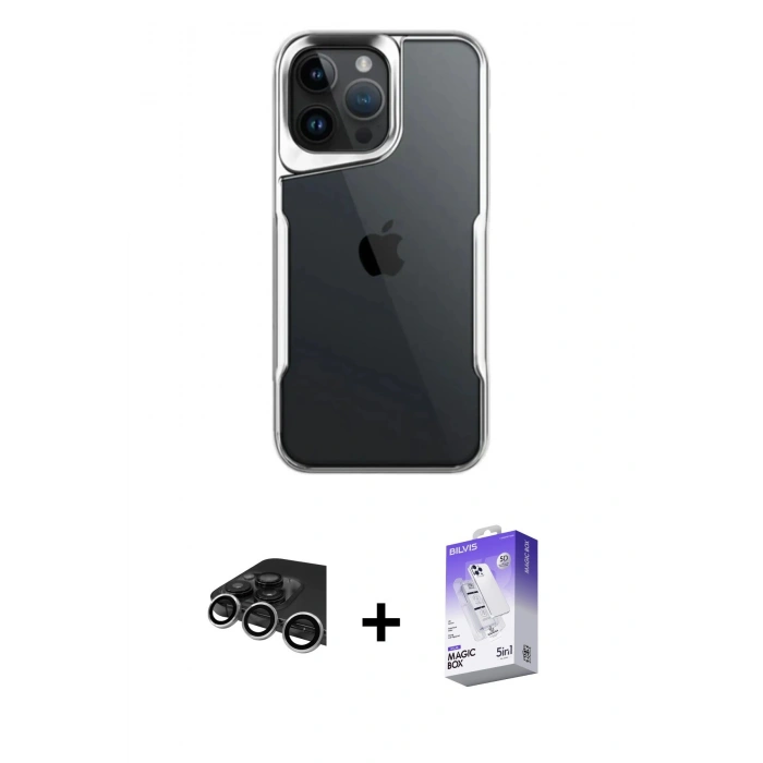 MARSİLYAN™- iPhone 14 Pro Max Kılıf Akış Çizgi Koleksiyonu - Siyah Bilvis 5in1 3D Magic Cam Ekran Koruyucu + Raze Metal Kamera Lens - GS