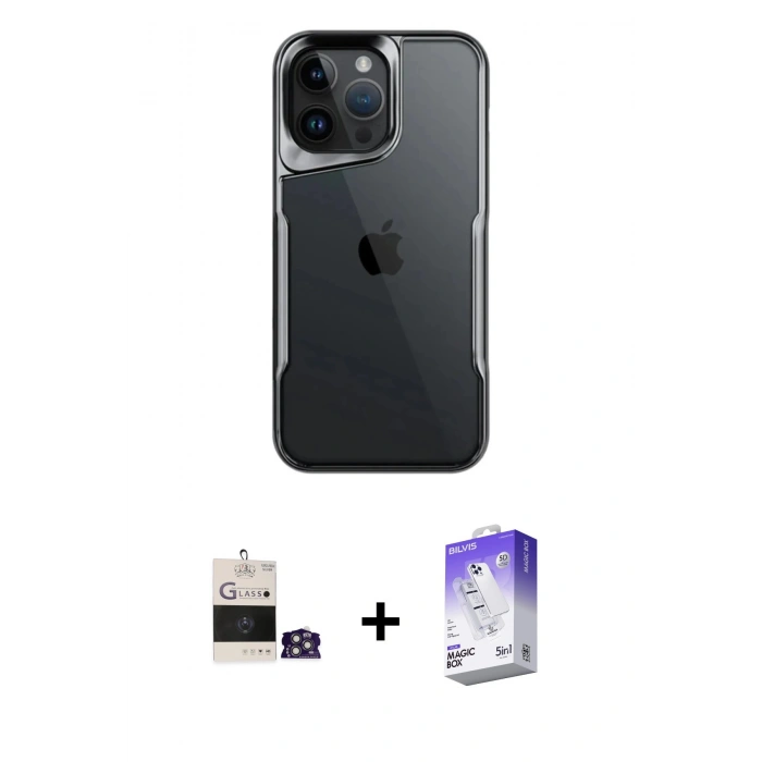 MARSİLYAN™- iPhone 14 Pro Max Kılıf Akış Çizgi Koleksiyonu - Siyah Bilvis 5in1 3D Magic Cam Ekran Koruyucu + Bilvis Titan Kamera Lens - GS
